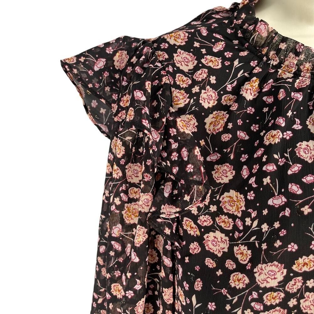 Rachel Zoe Blouse Womens Medium Black Pink Ruffle Collar Trim Chiffon Top - Picture 4 of 12